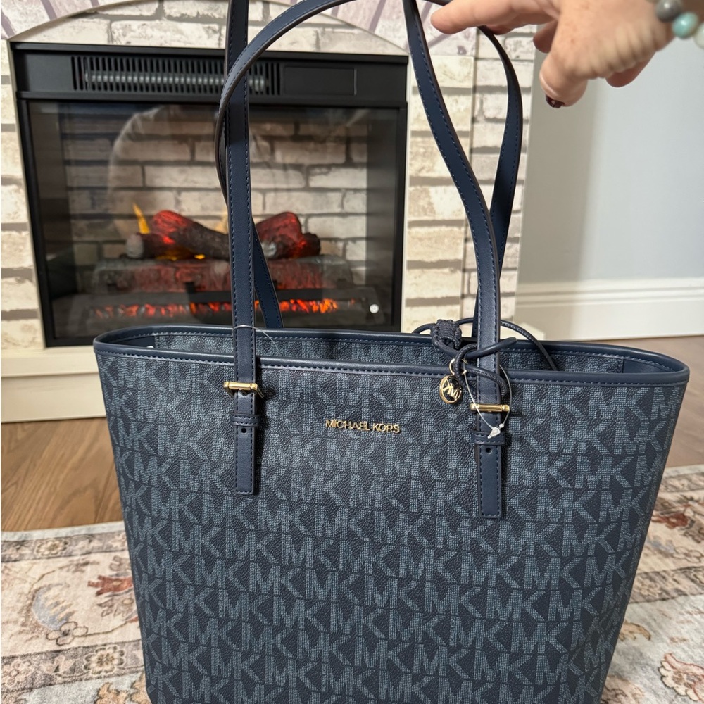 Michael Kors Navy MK Signature Tote with Gold Hardware